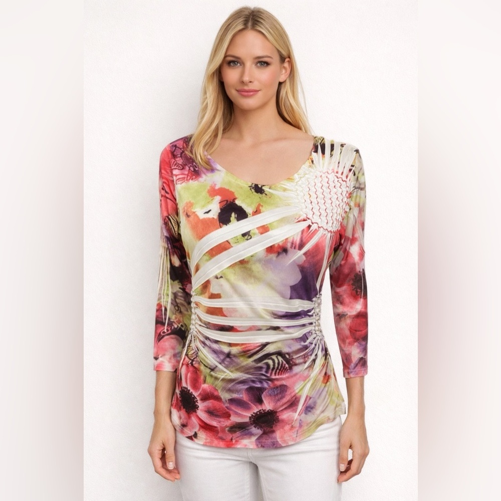 Appraisal Womens Scoop Neck Pullover Top Small White Bold Mod Floral Print